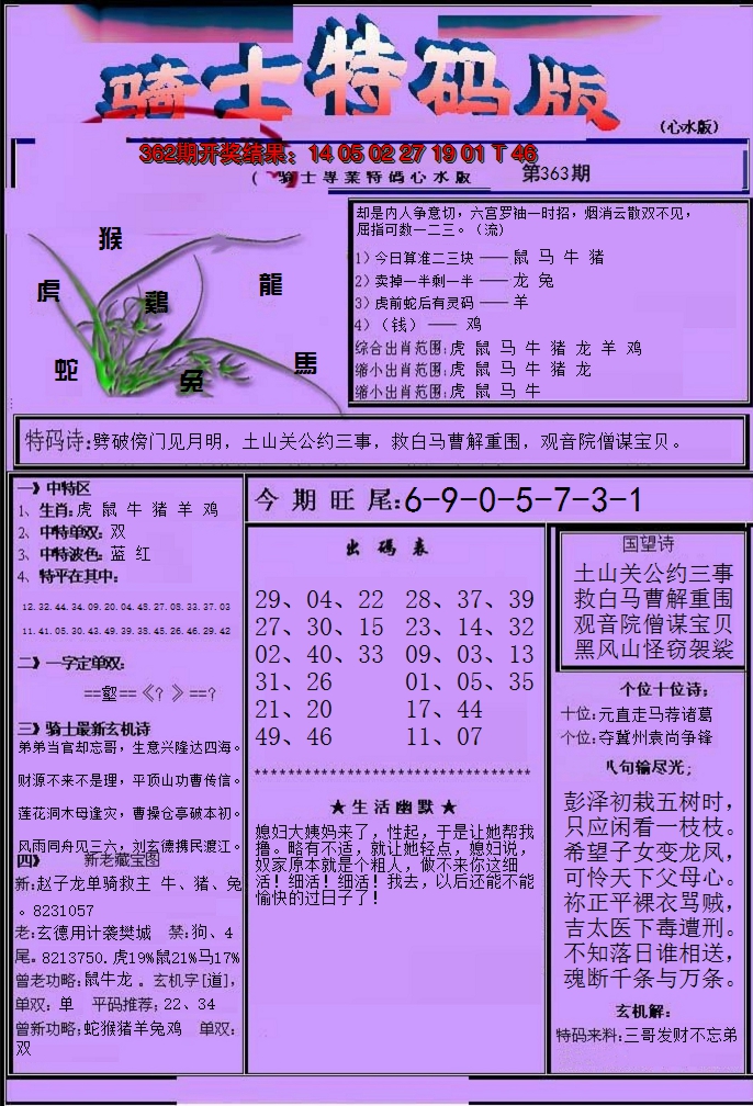 2024363期骑士特码版