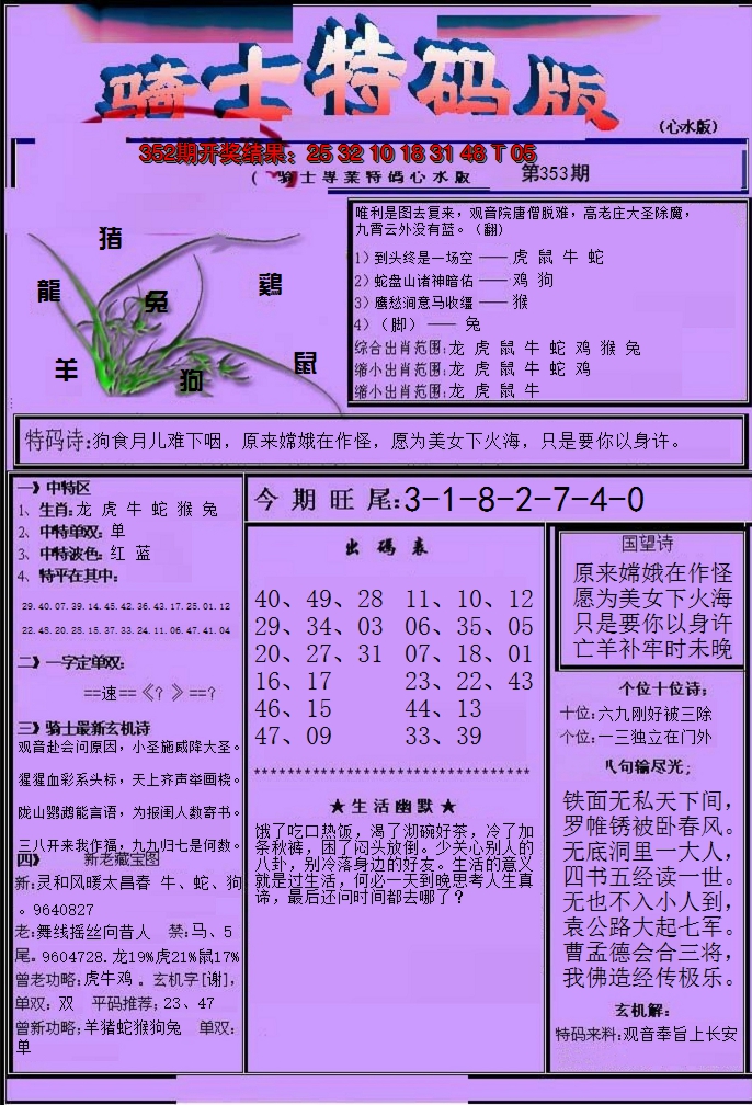 2024353期骑士特码版
