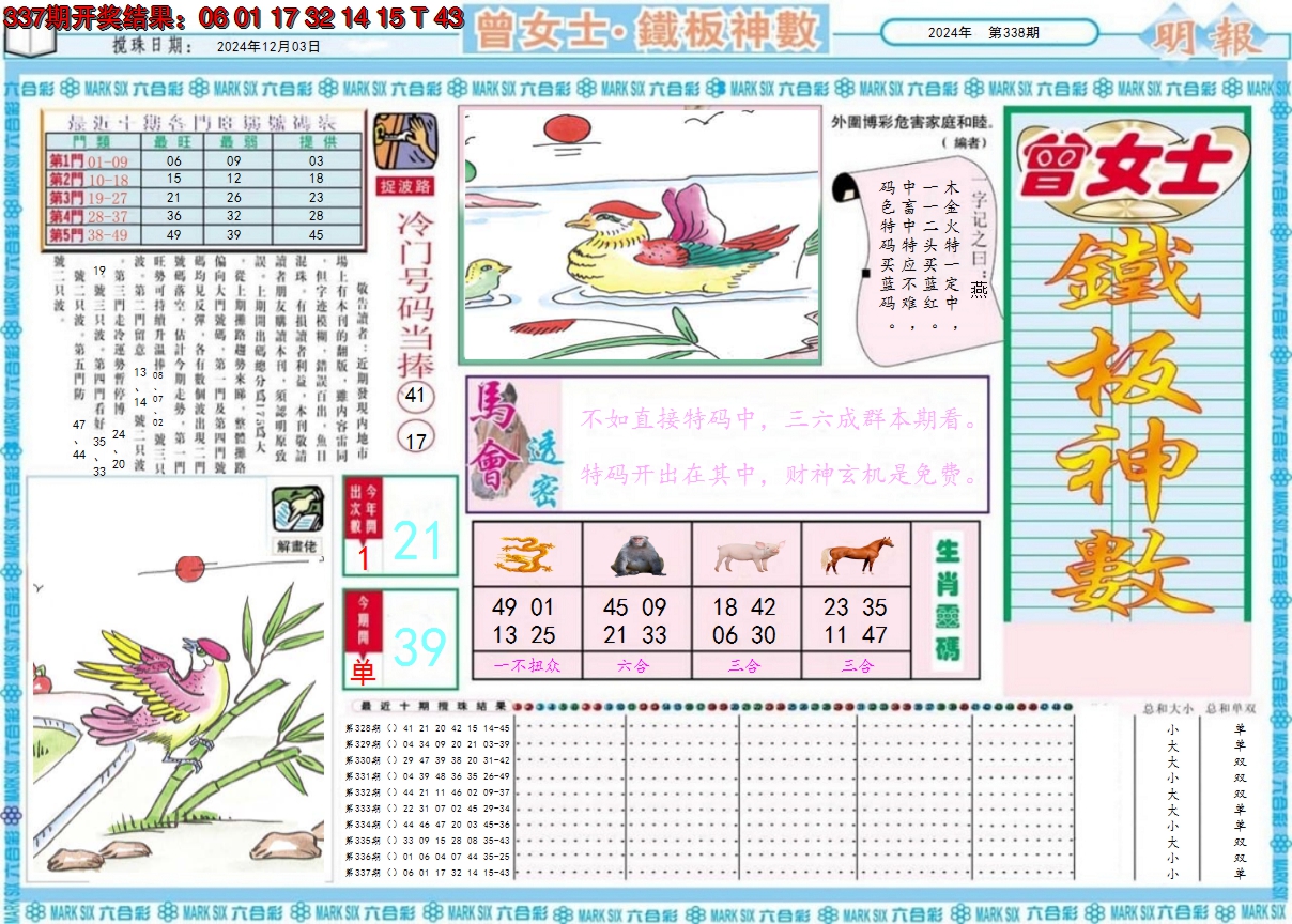 2024338期曾女士铁板神数A