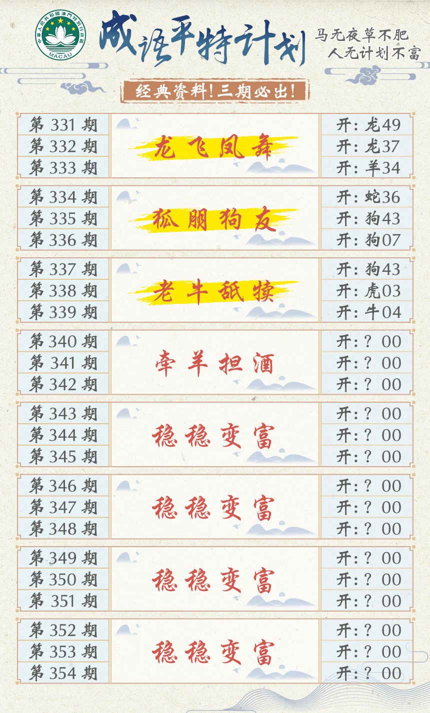 2024340期成语平特计划