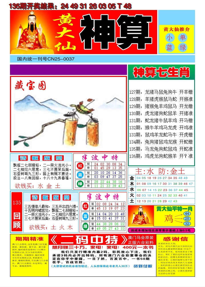 2024136期黄大仙神算A