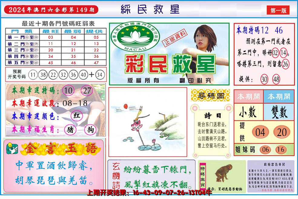 2024149期澳门彩民救星
