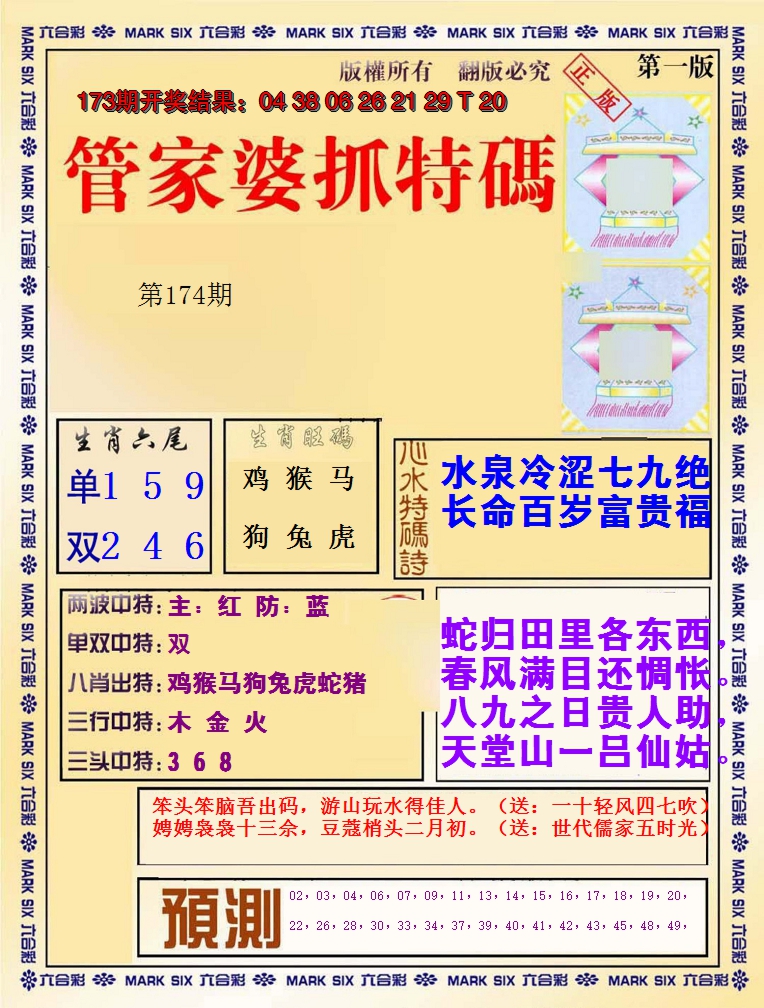 2024174期管家婆抓特码A