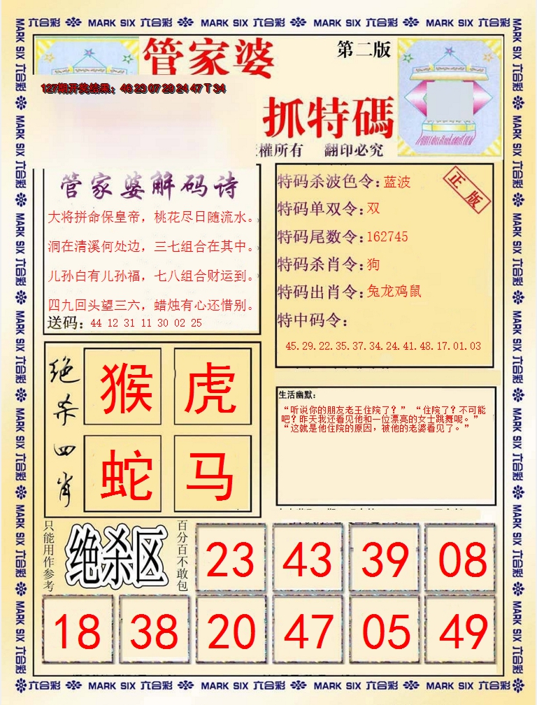 2024128期管家婆抓特码B