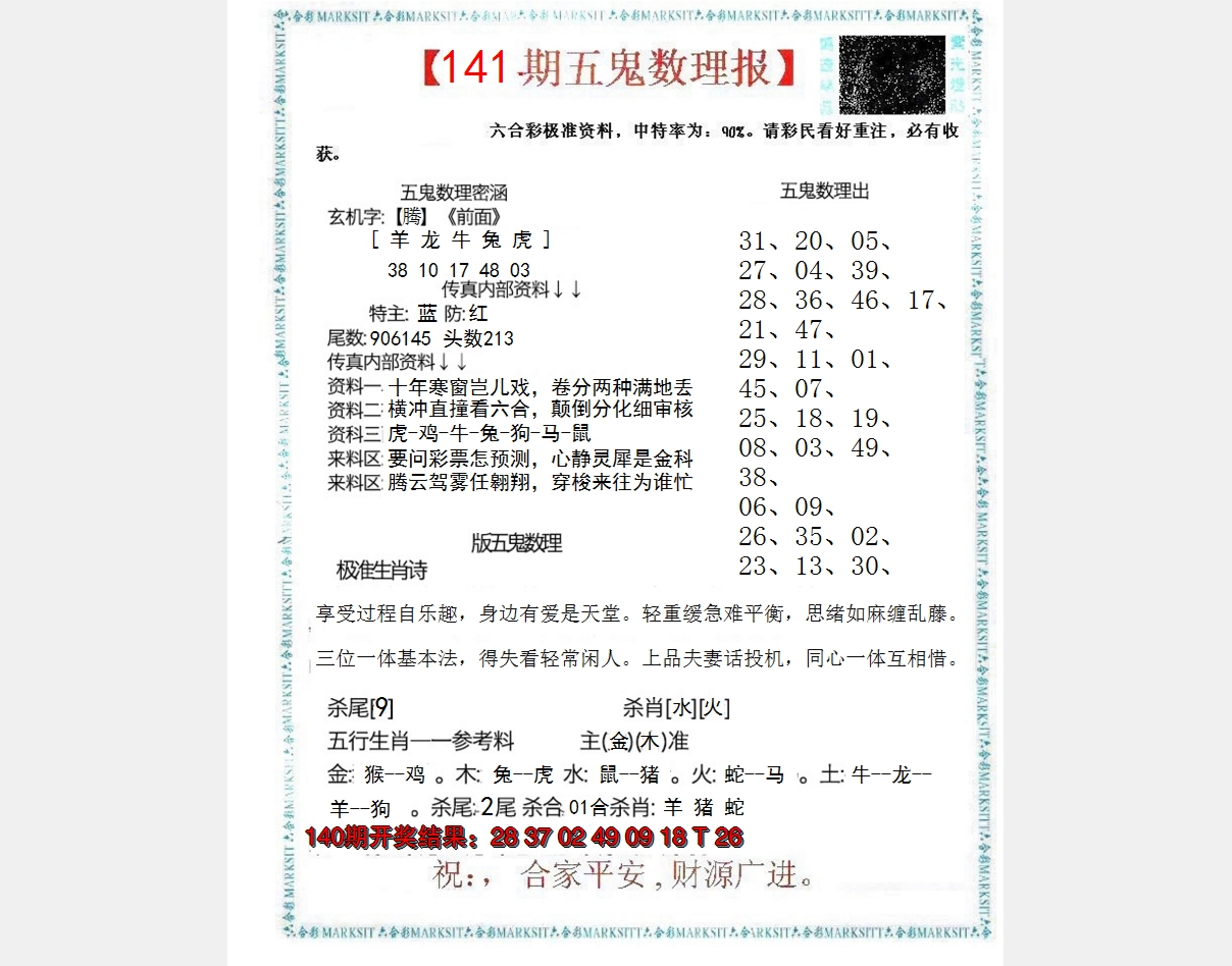 2024141期五鬼数理报