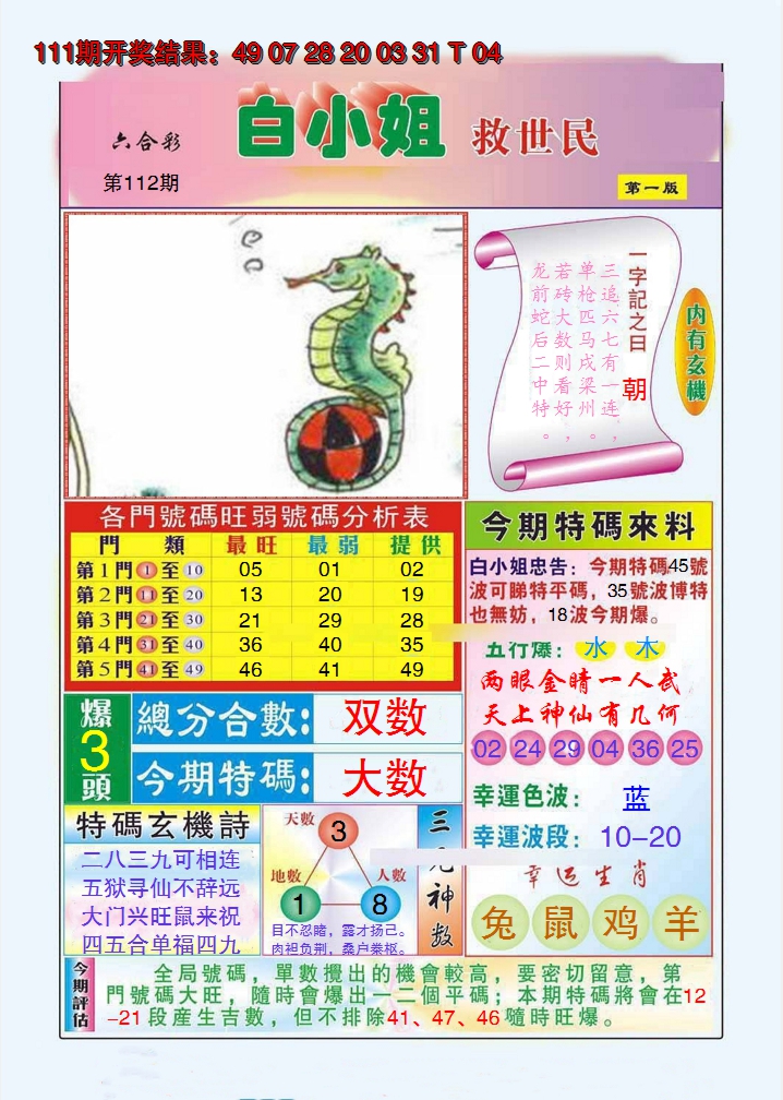 2024112期白小姐救世民A