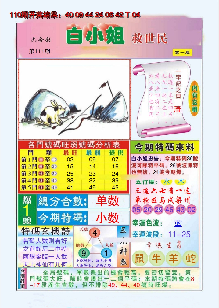 2024111期白小姐救世民A