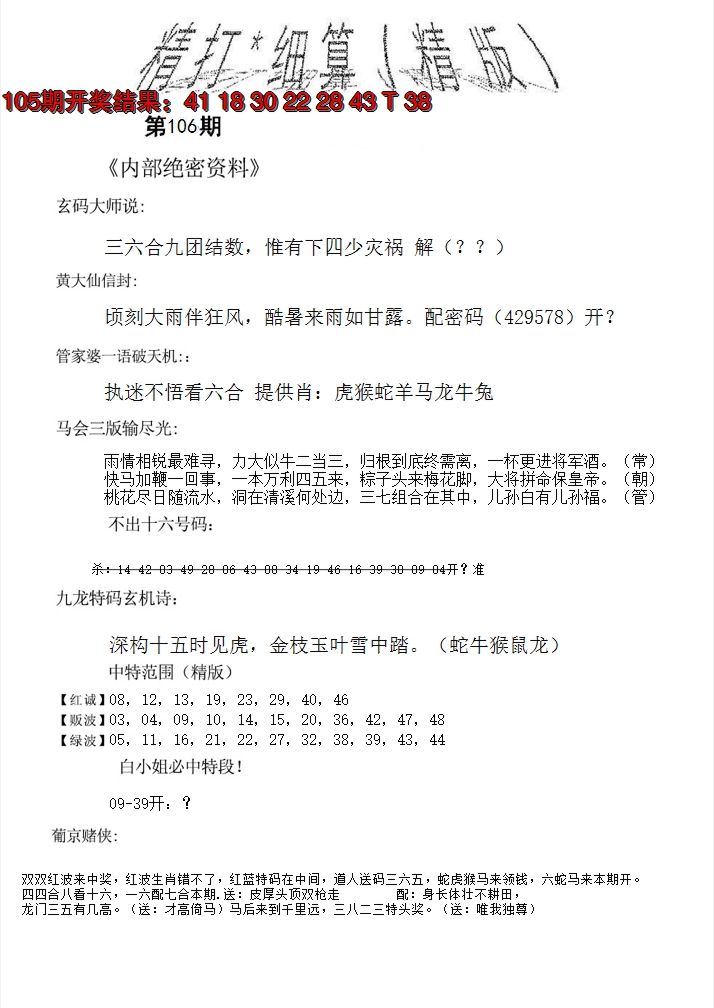 2024106期精大细算精版