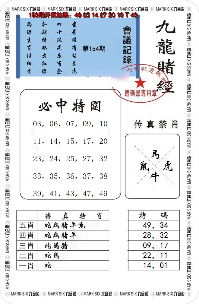 2024154期九龙赌经