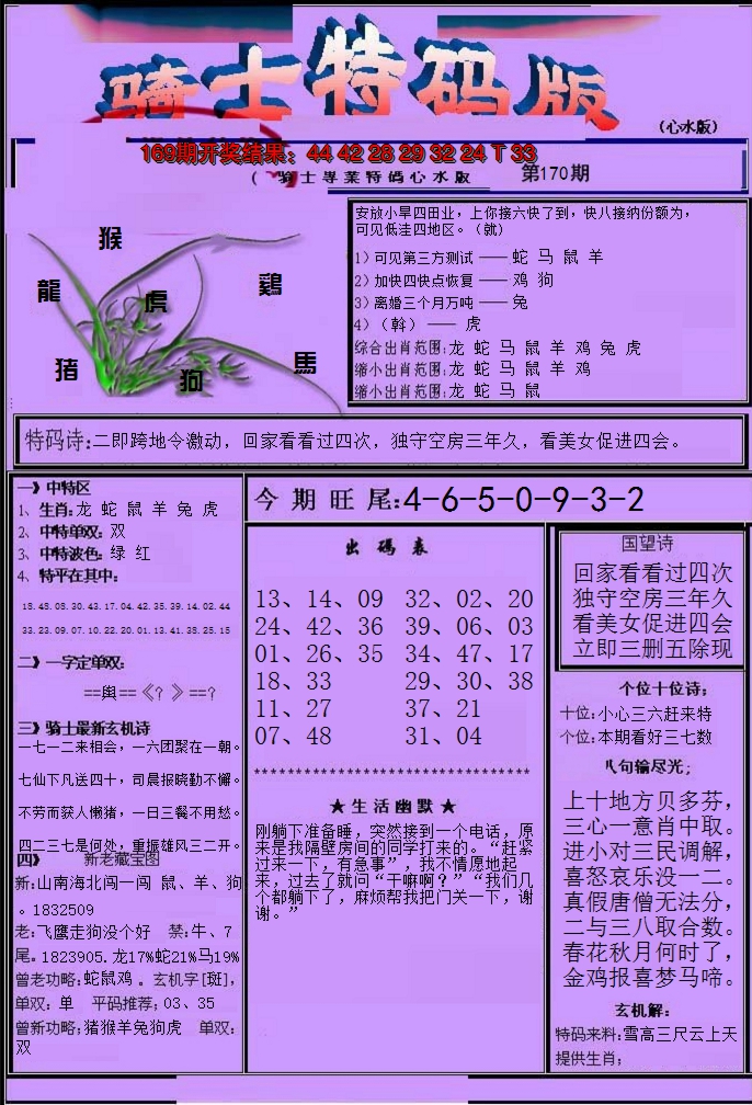 2024170期骑士特码版