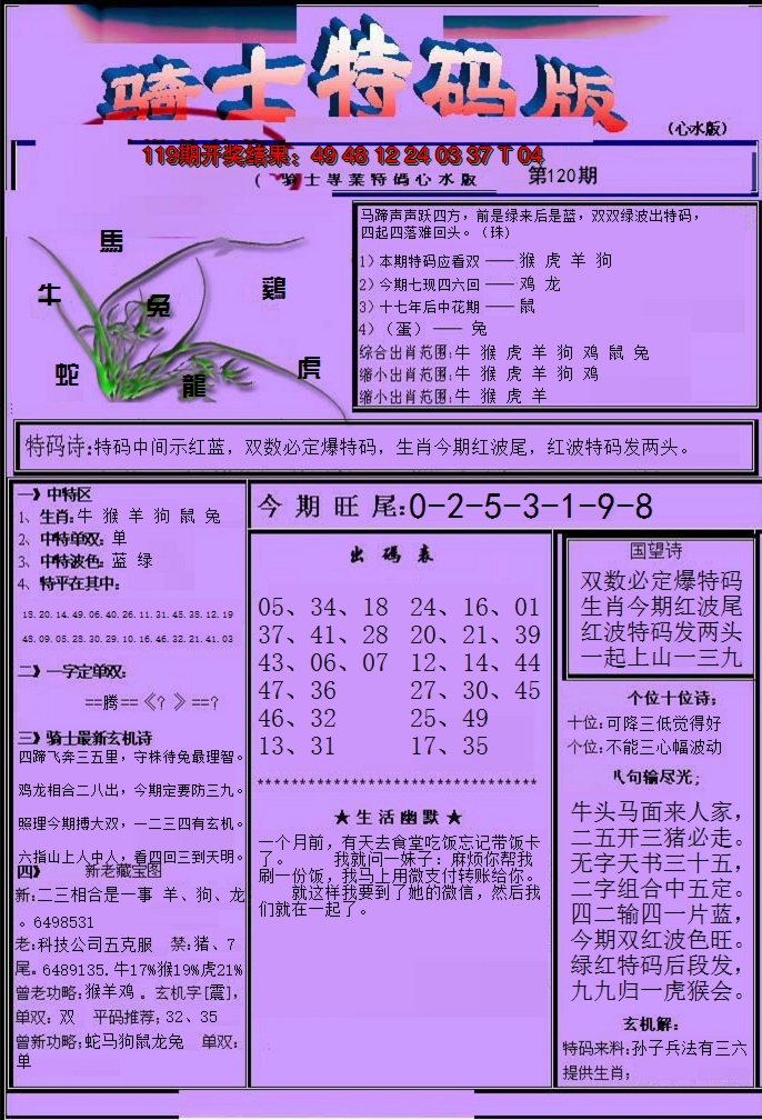 2024120期骑士特码版