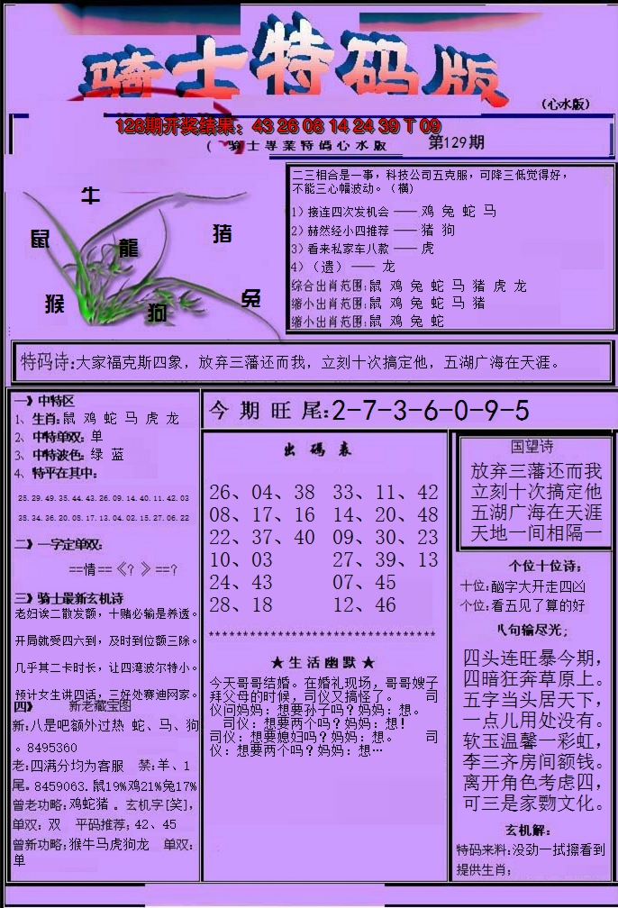 2024129期骑士特码版