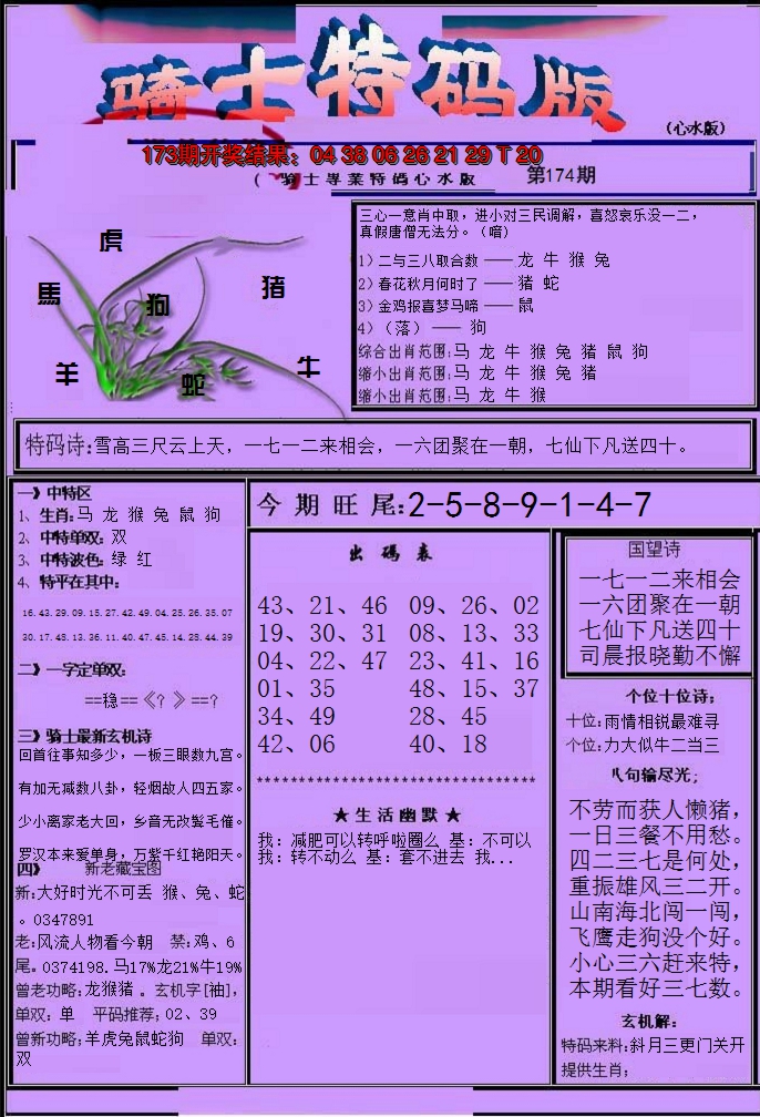 2024174期骑士特码版