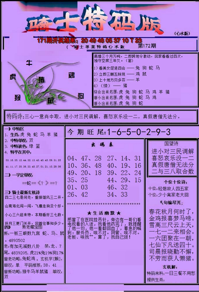 2024172期骑士特码版