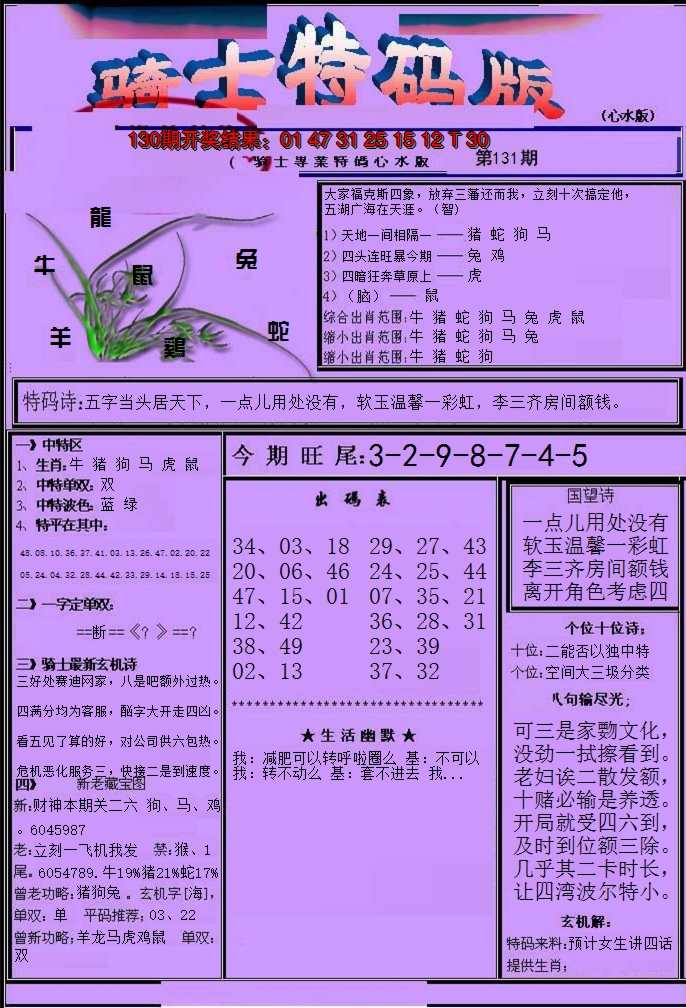 2024131期骑士特码版