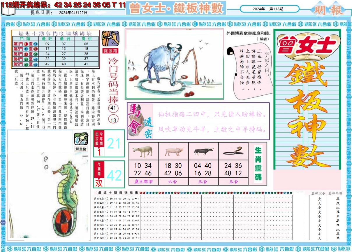 2024113期曾女士铁板神数A