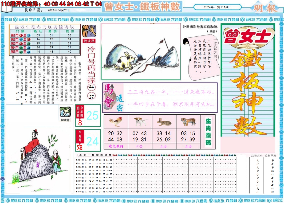 2024111期曾女士铁板神数A