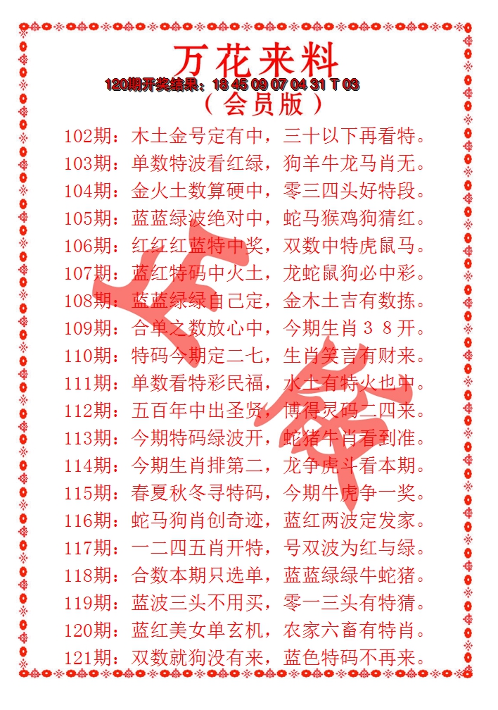 2024121期万花来料