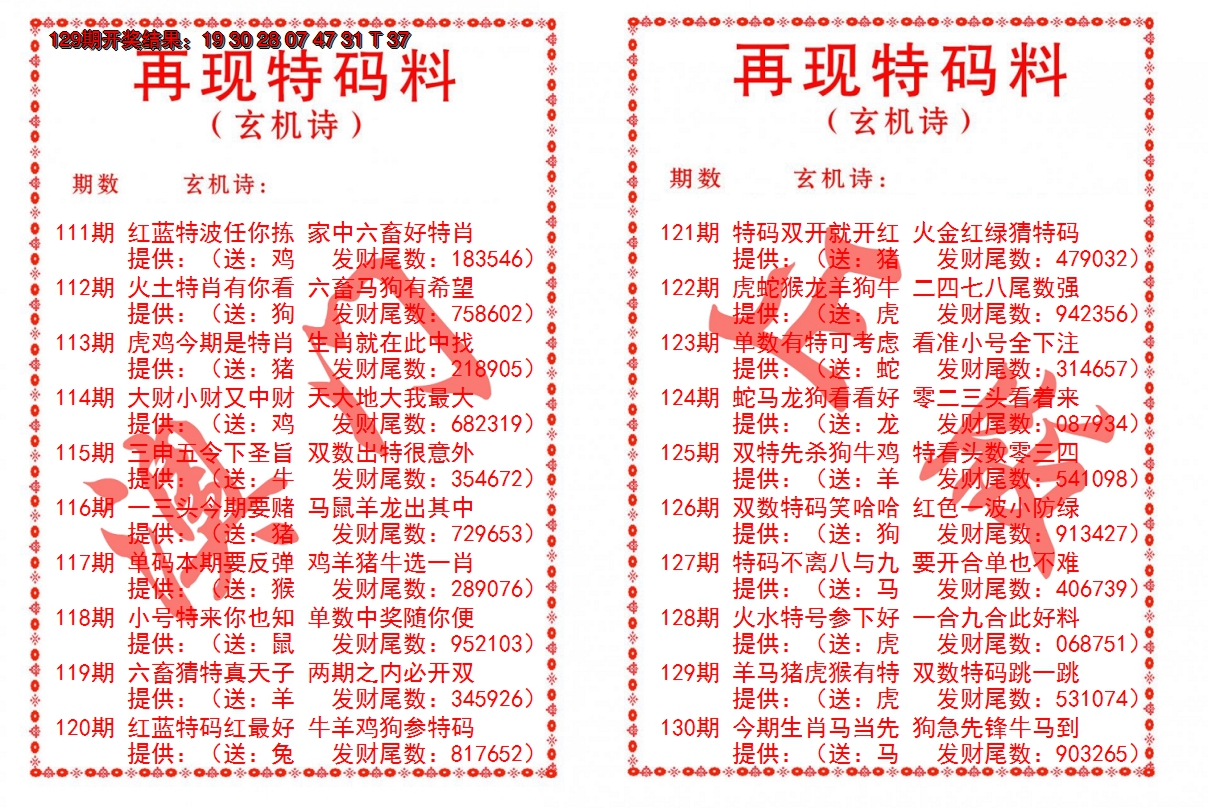 2024130期再现特码料
