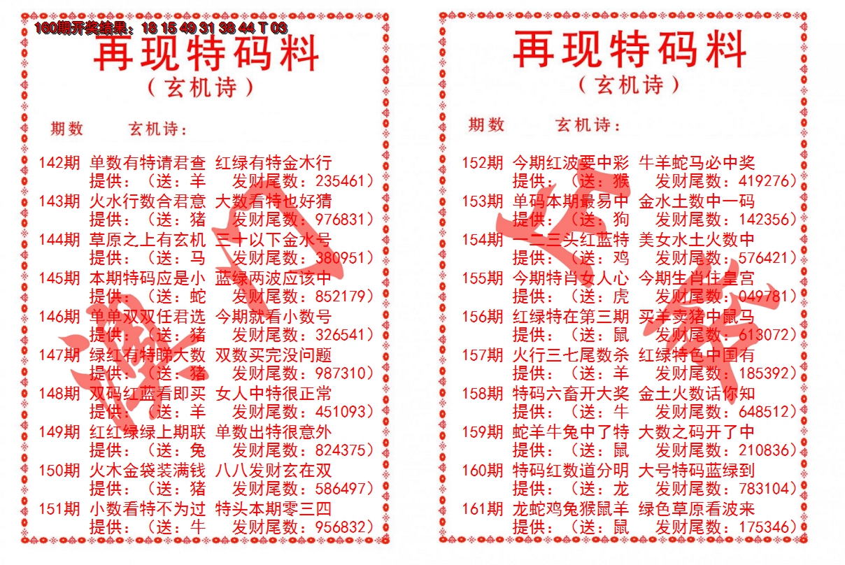2024161期再现特码料