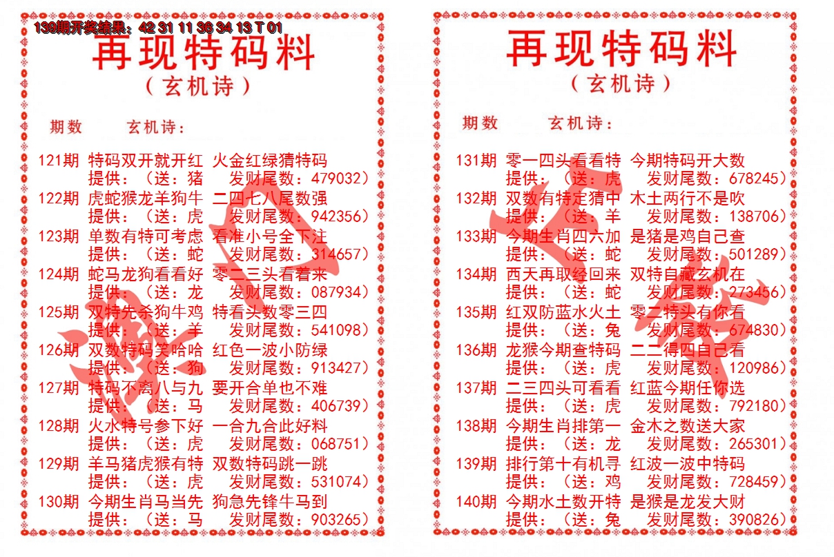 2024140期再现特码料