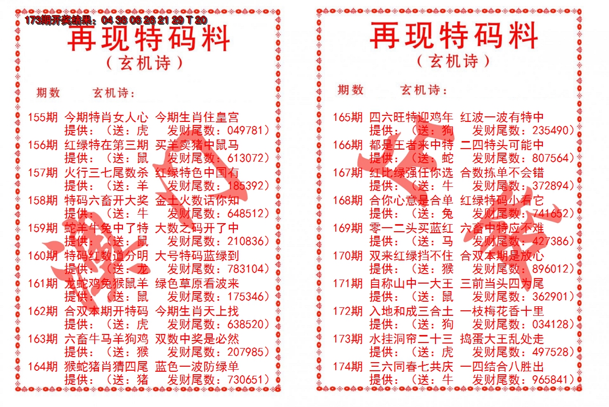 2024174期再现特码料