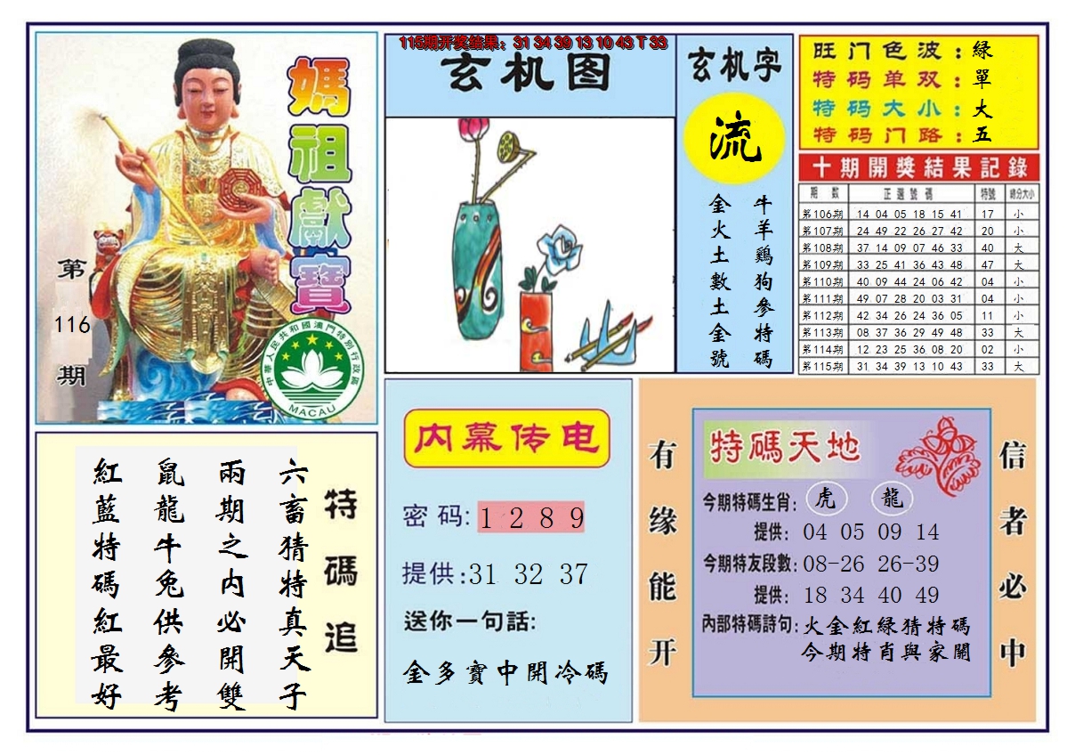 2024116期马祖献宝