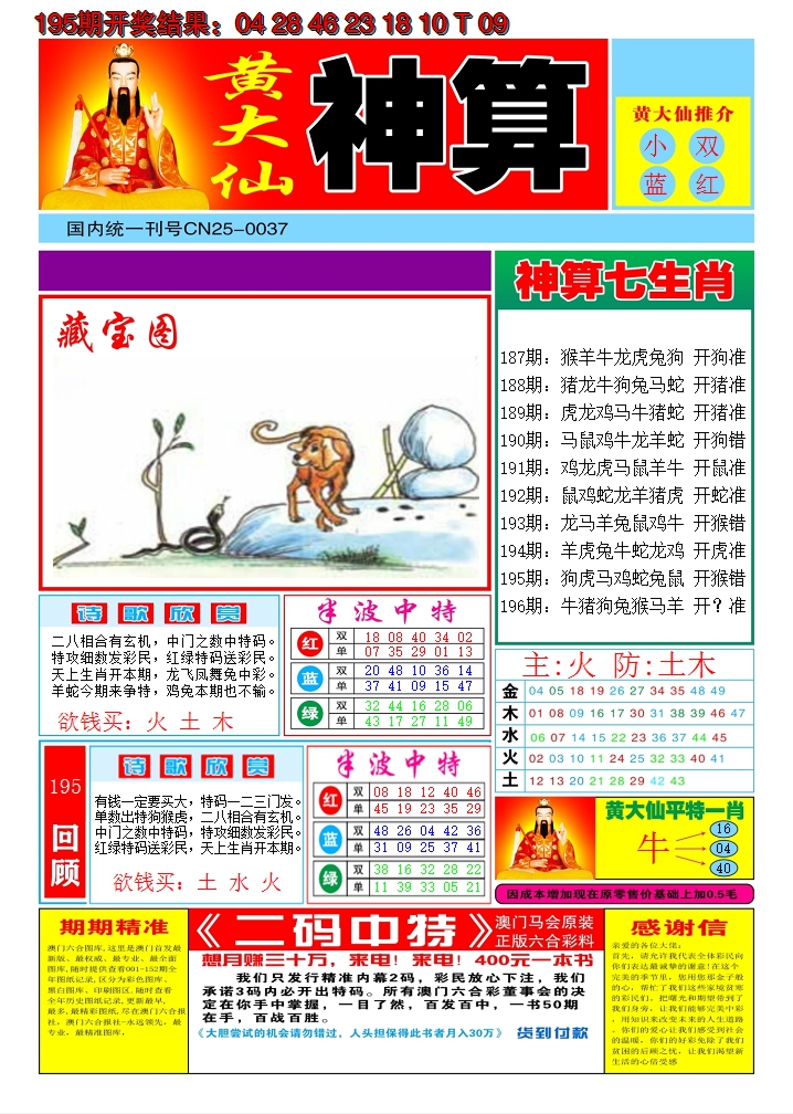 2024196期黄大仙神算A