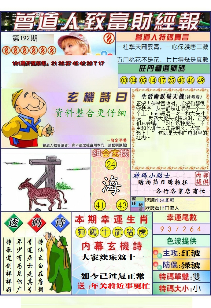 2024192期澳门曾道人致富财经报