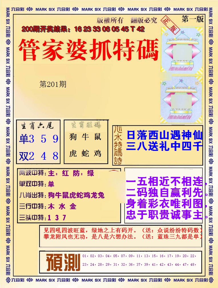 2024201期管家婆抓特码A