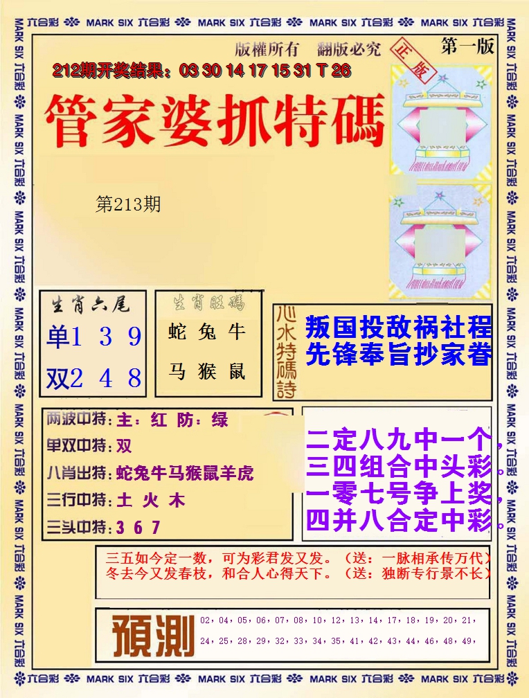 2024213期管家婆抓特码A