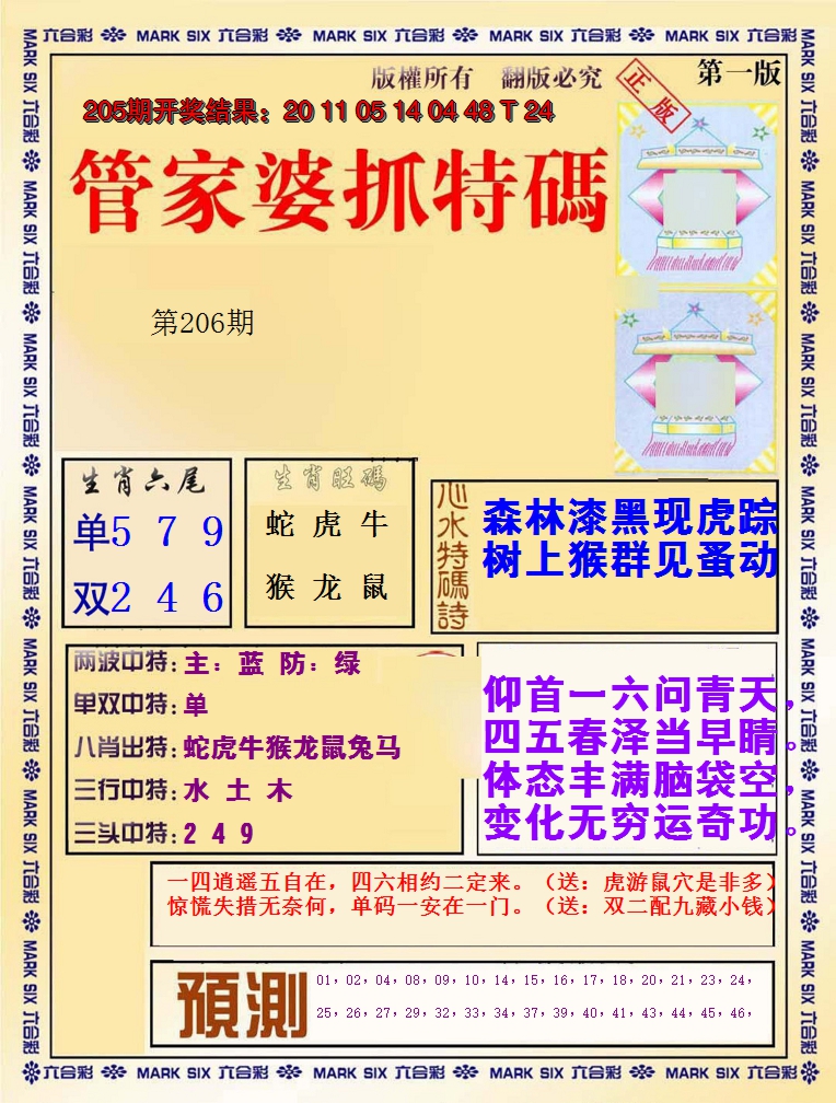 2024206期管家婆抓特码A