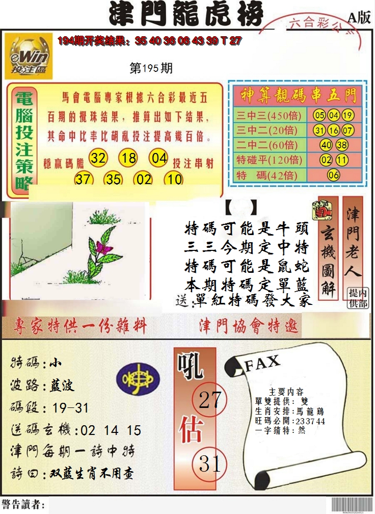 2024195期津门龙虎榜A