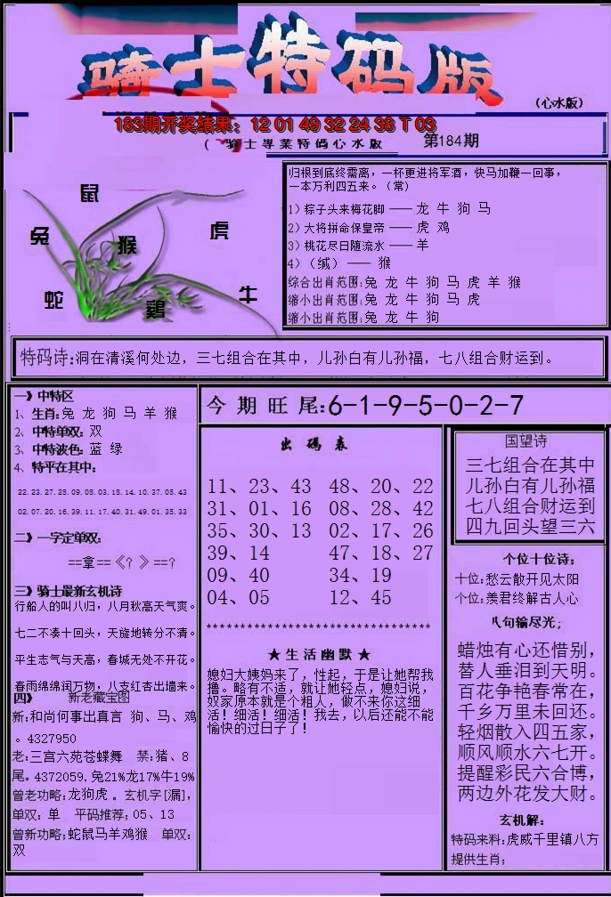 2024184期骑士特码版