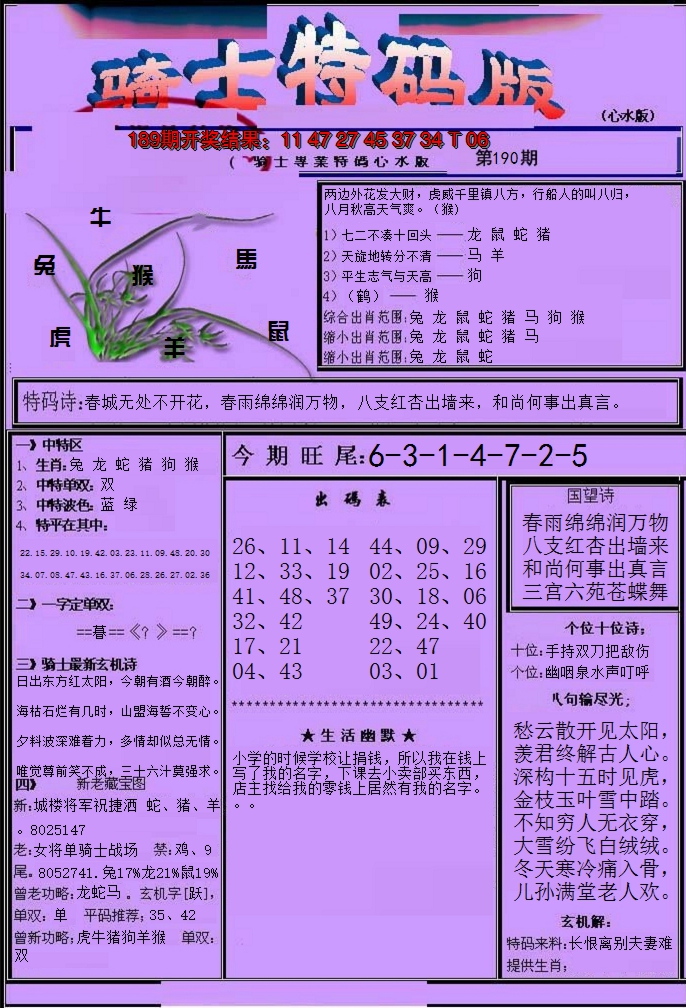 2024190期骑士特码版