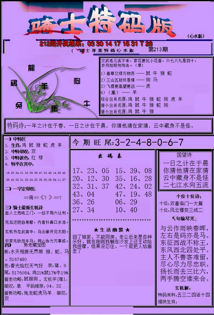 2024213期骑士特码版