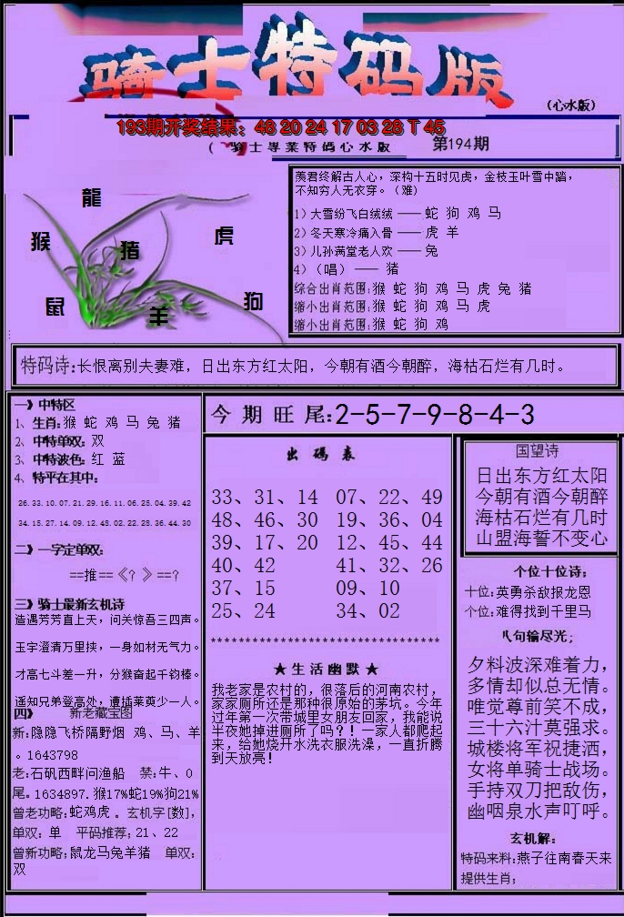 2024194期骑士特码版