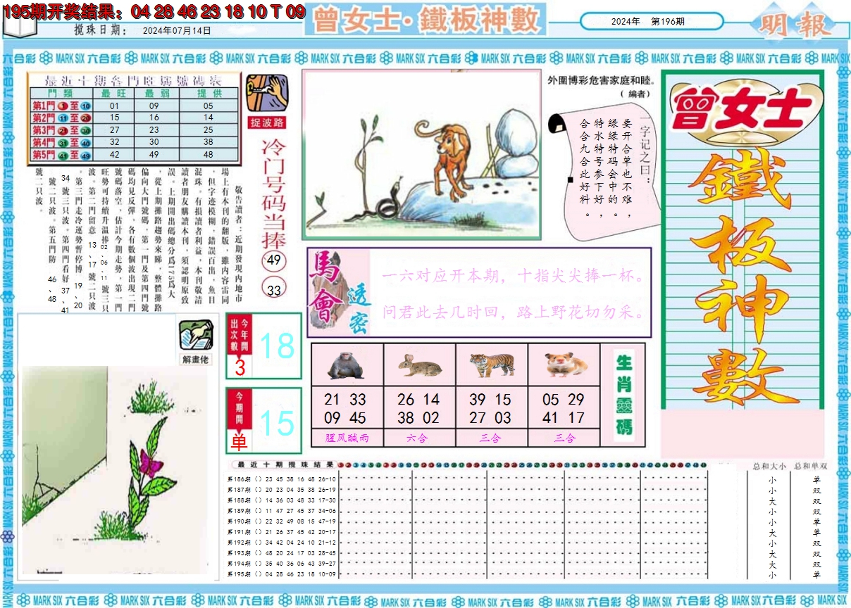 2024196期曾女士铁板神数A
