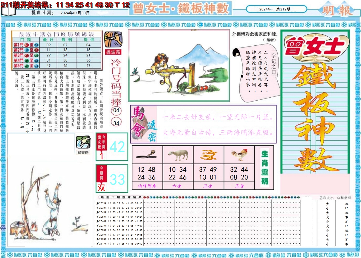 2024212期曾女士铁板神数A