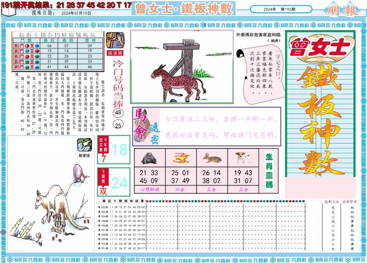 2024192期曾女士铁板神数A