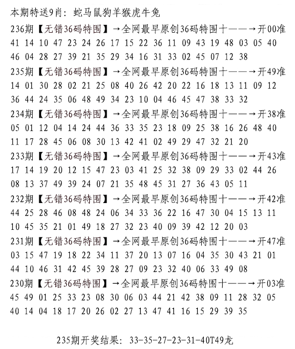 2024236期无错三十六码