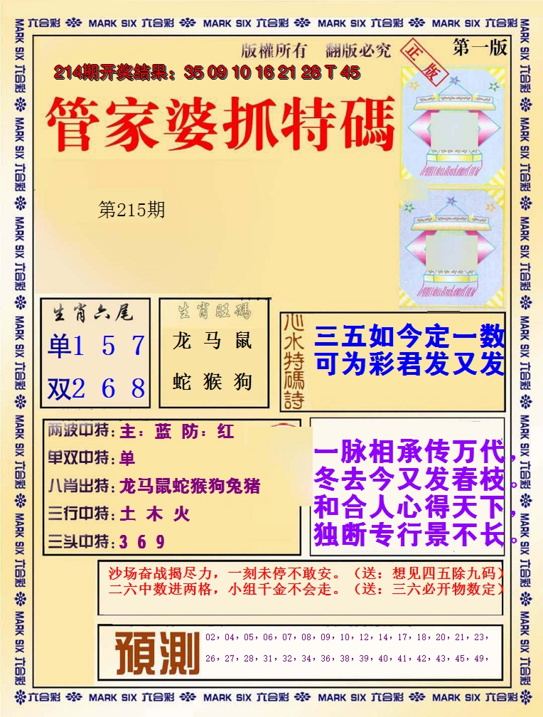 2024215期管家婆抓特码A