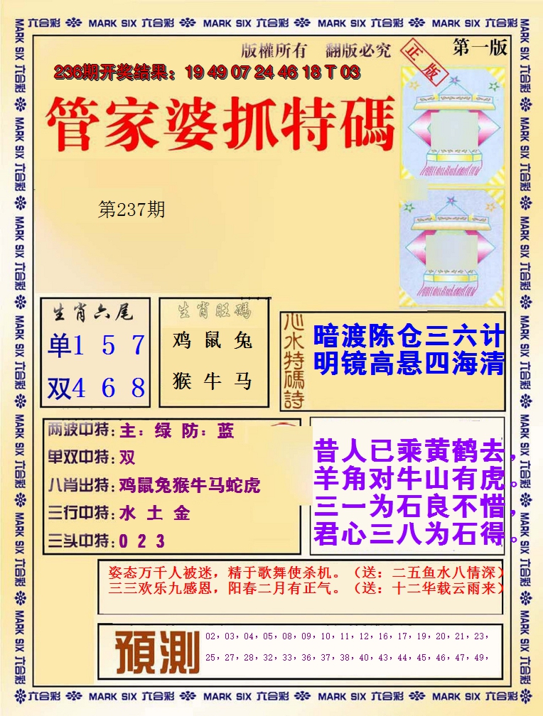 2024237期管家婆抓特码A