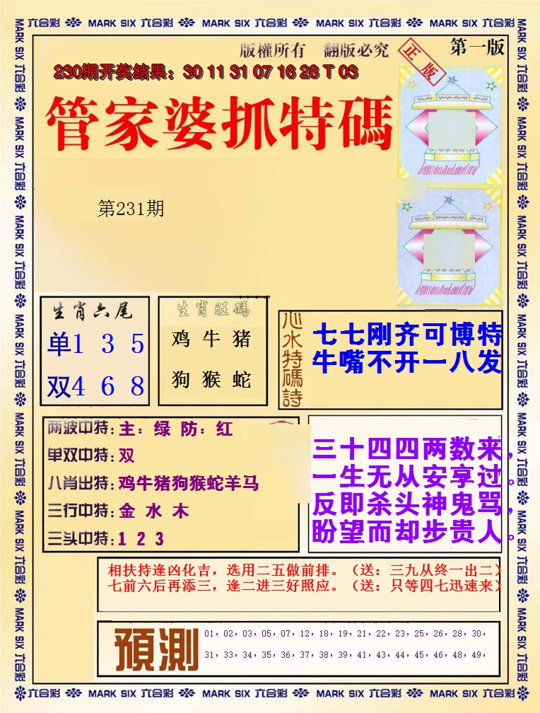 2024231期管家婆抓特码A