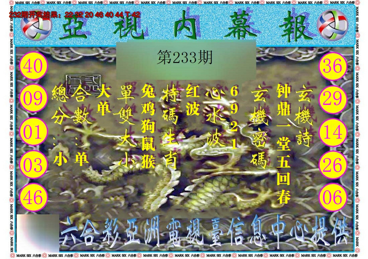 2024233期亚视内幕报