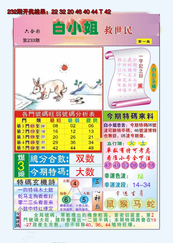 2024233期白小姐救世民A