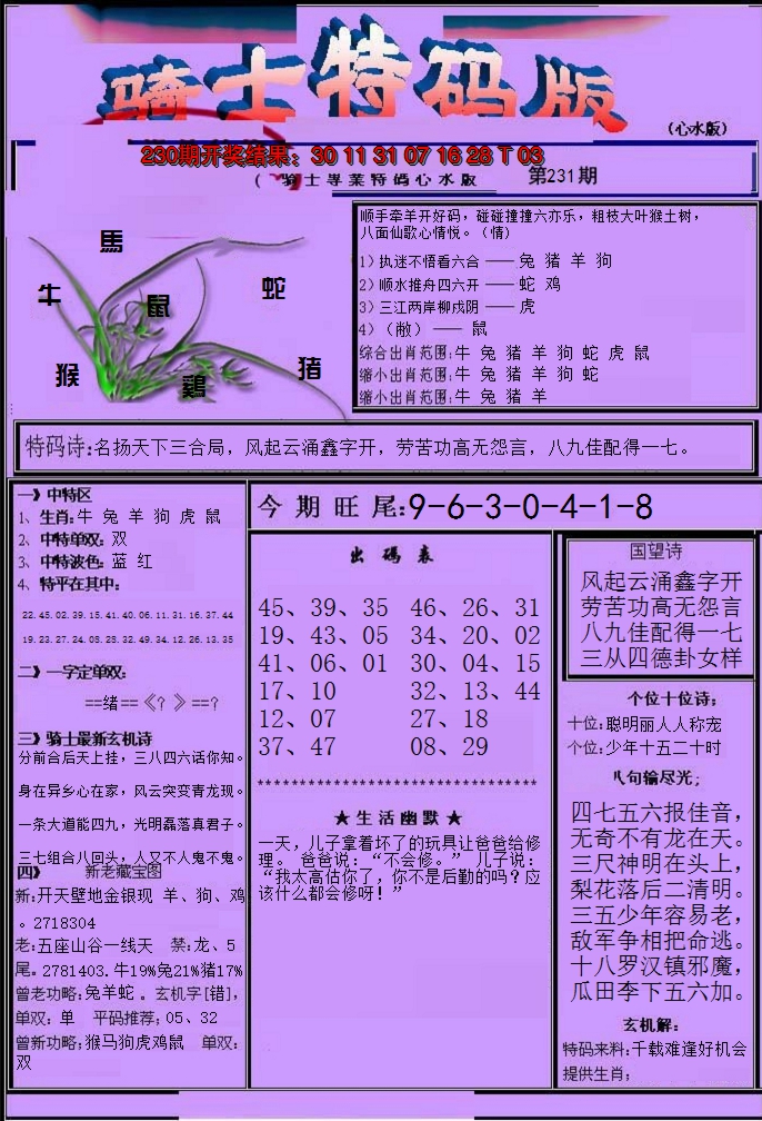 2024231期骑士特码版