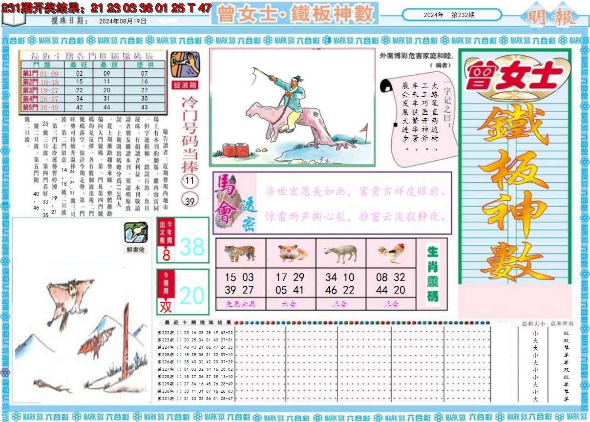 2024232期曾女士铁板神数A