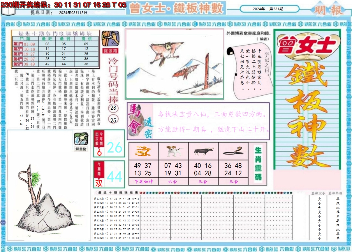 2024231期曾女士铁板神数A