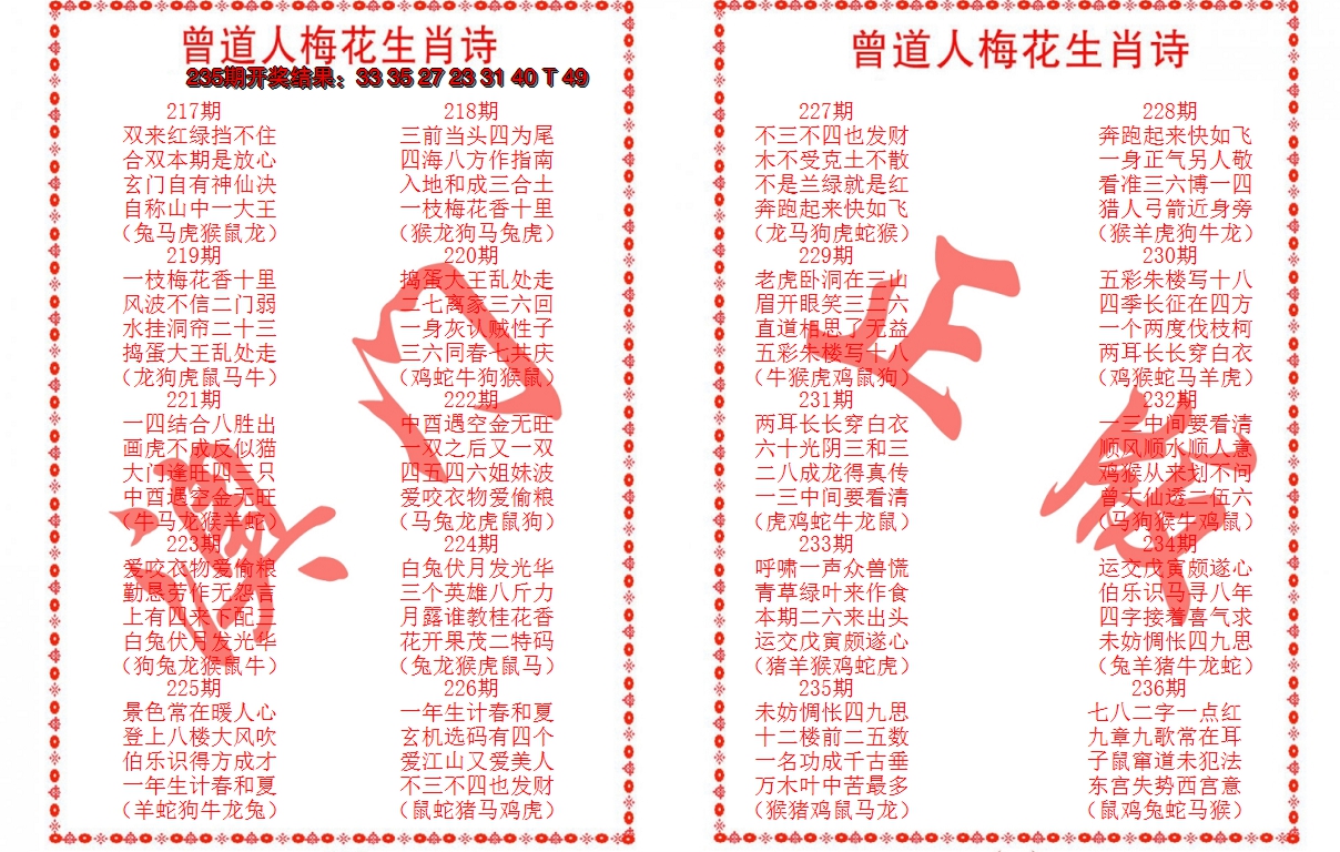 2024236期曾道人梅花生肖诗